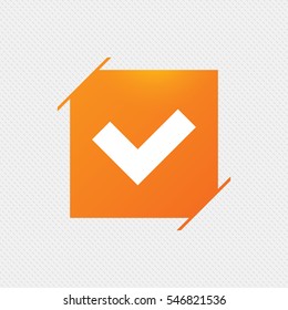 Check sign icon. Yes button. Orange square label on pattern. Vector