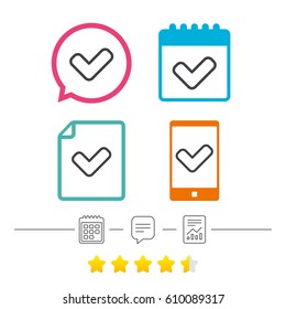 Check sign icon. Yes button. Calendar, chat speech bubble and report linear icons. Star vote ranking. Vector