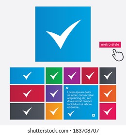 Check sign icon. Yes symbol. Confirm. Metro style buttons. Modern interface website buttons with hand cursor pointer. Vector