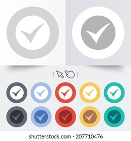 Check sign icon. Yes symbol. Confirm. Round 12 circle buttons. Shadow. Hand cursor pointer. Vector