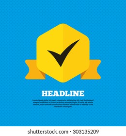 Check sign icon. Yes symbol. Confirm. Yellow label tag. Circles seamless pattern on back. Vector
