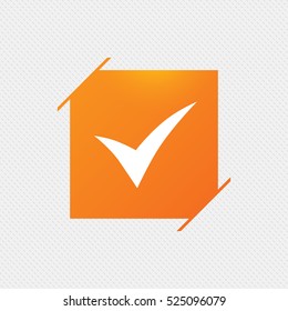Check sign icon. Yes symbol. Confirm. Orange square label on pattern. Vector