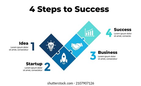 Check sign infographic. Successful business presentation slide template. Getting things done. Puzzle diagram chart with 4 steps, options, processes. 