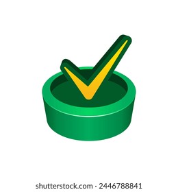 Check-Zeichen auf 3D-Plattform. Vektorgrafik Genehmigung Symbol