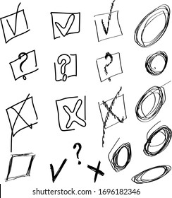 Check signs and frames for choose. Hand drawn checkmarks set, doodle V X and ? mark signs for list items. Chalk and brush check mark. Collection checkbox icons. Vector illustration.