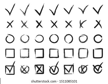 Check Signs. Hand Drawn Checkmarks Set,  Doodle V Mark Sign For List Items. Chalk And Brush Check Mark. Collection Checkbox Icons. Vector Illustration.