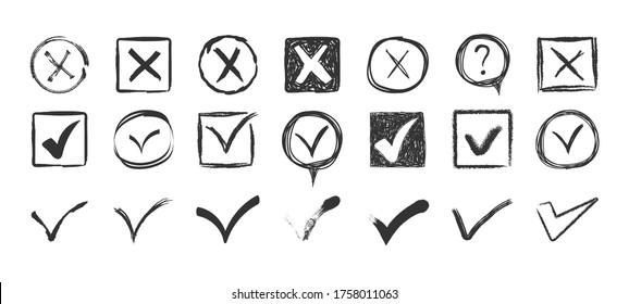 Check signs sketch, voting agree checklist mark or examination task list. Doodle check marks. Hand drawn tick V X yes no ok sign. Checkbox chalk icon, sketch checkmark. Vector illustration, eps 10.