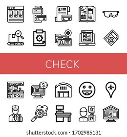 check simple icons set. Contains such icons as Price list, Quality, Pos, Clipboard, Invoice, Account, Finance book, Report, Protective, Medical certificate, can be used for web, mobile and logo