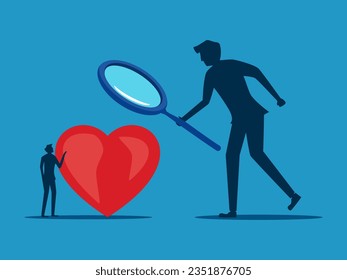 Check the sincerity of subordinates. Businessman boss uses a magnifying glass to examine the heart