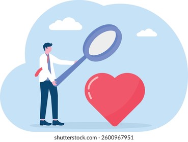 Check the sincerity of subordinates. Businessman boss uses a magnifying glass to examine the heart
