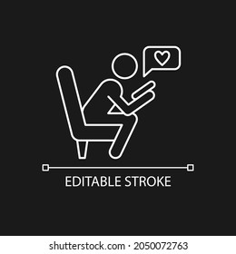 Check social network white linear icon for dark theme. Chat conversation on social media platforms. Thin line customizable illustration. Isolated vector contour symbol for night mode. Editable stroke