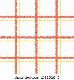 check, square, cute plaid vector pattern. Vertical and horizontal brush crayon drawn textured crossing stripes. Chequered geometric background. Cottagecore farmhouse design