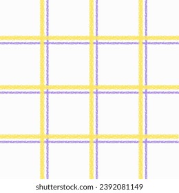 check, square, cute plaid vector pattern. Vertical and horizontal yellow and purple brush crayon drawn textured crossing stripes. Chequered geometric background. Cottagecore farmhouse design