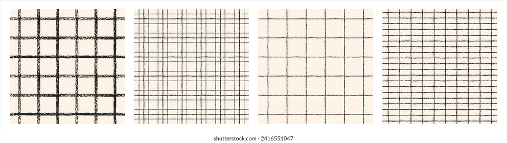 Check, square, plaid, mesh vector seamless patterns set. Black and white charcoal, chalk, brush hand drawn textured crossing rough stripes, lines. Chequered, checked geometric backgrounds collection. 