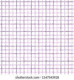Check, square, plaid, trellis, net, mesh, lattice vector seamless repeat pattern, texture. Brush drawn textured crossing stripes, lines. Chequered geometric background. Lilac, violet, purple colors. 