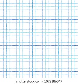 Check, square, plaid vector seamless repeat pattern, texture. Vertical and horizontal brush drawn crossing stripes, lines. Chequered geometric background. Shades of blue streaks of different width. 