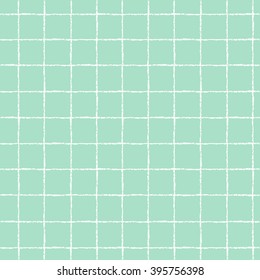 Check, square, plaid vector seamless pattern. Vertical and horizontal brush or chalk drawn uneven crossing stripes. Chequered geometrical background. White bars on mint green backdrop.