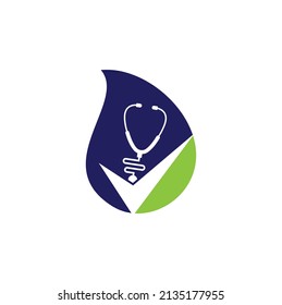 Check Stethoscope drop shape logo design template. Stethoscope icon with checklist shape. 