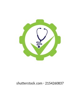 Check Stethoscope gear shape logo design template. Stethoscope icon with checklist shape. 