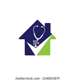 Überprüfen Sie die Design-Vorlage für das Stethoscope House-Logo. Stethoskop-Symbol mit Checklisten-Form. 