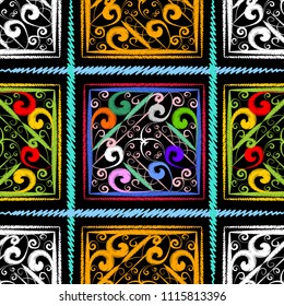 Check striped embroidery vector seamless pattern. Abstract embroidered colorful background. Ethnic tribal style hand drawn floral tapestry ornaments. Bright grunge flowers, swirls, lines, stripes.