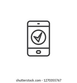 Check tablet outline icon. linear style sign for mobile concept and web design. Tab with tick mark simple line vector icon. Symbol, logo illustration. Pixel perfect vector graphics