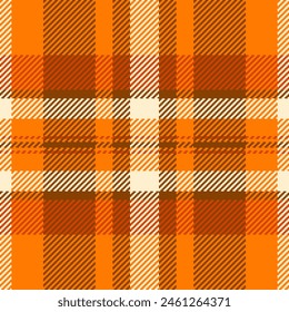 Check tartan texture of background seamless fabric with a plaid textile vector pattern in orange and bright colors.