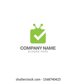 Check television logo design template, check icon and television with green color vector