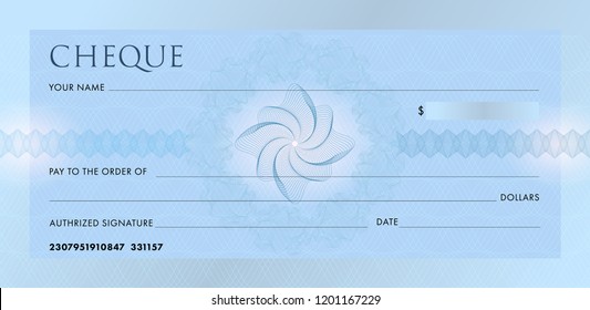Check template, Chequebook template. Blank blue business bank cheque with guilloche pattern rosette and abstract watermark. Background for voucher, banknote design, , gift certificate, ticket, coupon