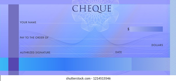 Check template, Chequebook template. Blank blue business bank cheque with guilloche pattern rosette and abstract watermark. Background for voucher, banknote design, , gift certificate, ticket, coupon