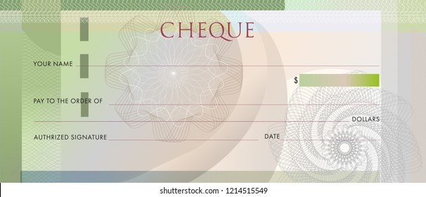 Check template, Chequebook template. Blank blue business bank cheque with guilloche pattern rosette and abstract watermark. Background for voucher, banknote design, , gift certificate, ticket, coupon