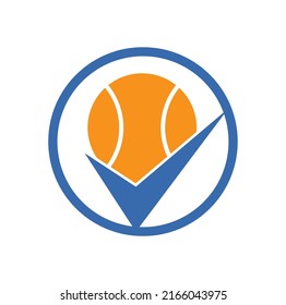 Überprüfen Sie das Vektorlogo-Design von Tennis. Tennisball und Tick Symbol Logo.