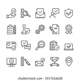 Check testing examination tick approve checkmark. Flat lined thin isolated icon set