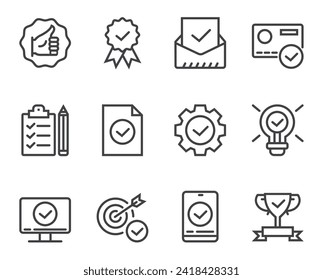 Check testing examination tick approve checkmark. Flat lined thin isolated icon set