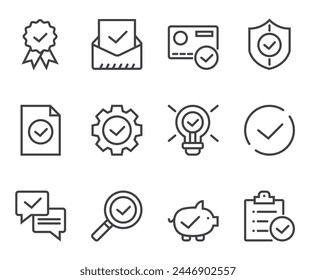 Check testing examination tick approve checkmark. Flat lined thin isolated icon set