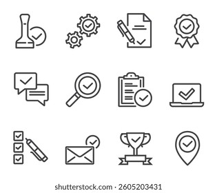 Check testing examination tick approve checkmark. Flat lined thin isolated icon set