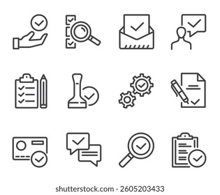 Check testing examination tick approve checkmark. Flat lined thin isolated icon set
