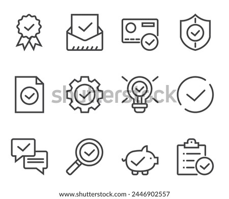 Check testing examination tick approve checkmark. Flat lined thin isolated icon set