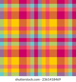 Check texture pattern of background tartan seamless with a vector plaid textile fabric in pink and bright colors.