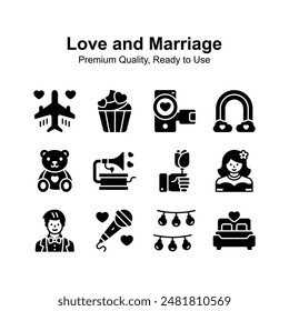 Check this amazing love and marriage icons set in trendy style