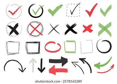 Check tick and cross marks, arrows and pointers, empty boxes and frames doodle set isolated on white. Right and wrong, accept and rejection scribble checkmarks, tracing rounds vector illustration