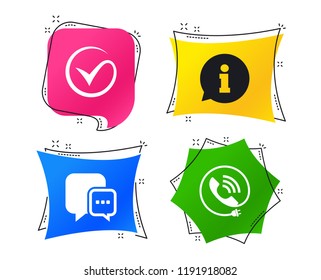 Check or Tick icon. Phone call and Information signs. Support communication chat bubble symbol. Geometric colorful tags. Banners with flat icons. Trendy design. Vector