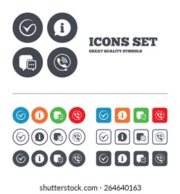 Check or Tick icon. Phone call and Information signs. Support communication chat bubble symbol. Web buttons set. Circles and squares templates. Vector