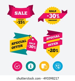 Check or Tick icon. Phone call and Information signs. Support communication chat bubble symbol. Web stickers, banners and labels. Sale discount tags. Special offer signs. Vector
