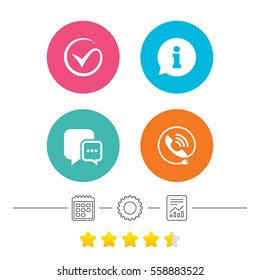 Check or Tick icon. Phone call and Information signs. Support communication chat bubble symbol. Calendar, cogwheel and report linear icons. Star vote ranking. Vector