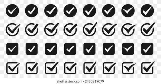 Check or tick icons. Big set of black check or tick icons for design. Check symbol isolated