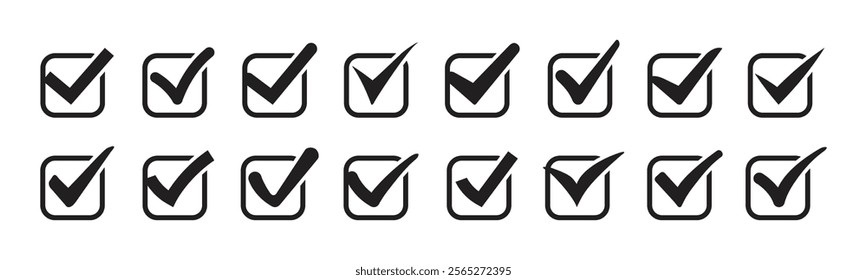 Check or tick icons. Big set of checkmark icons for design. Includes check box icons with correct, approved, confirm, right symbols. Editable vector checkmark set for agreement or vote.
