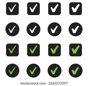 Check or tick icons. Big set of checkmark icons for design. Includes check box icons with correct, approved, confirm, right symbols. Editable vector checkmark set for agreement or vote.