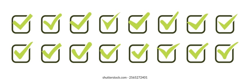 Check or tick icons. Big set of checkmark icons for design. Includes check box icons with correct, approved, confirm, right symbols. Editable vector checkmark set for agreement or vote.