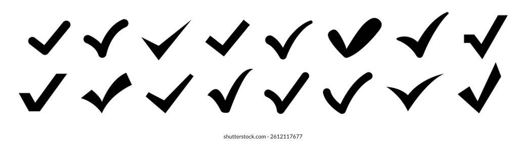 Check or tick icons. Checkmark icons. Checkmark set. Checked check box sign. Approved symbol. Check mark icon. Correct vote choice isolated symbol. Vector Illustration.